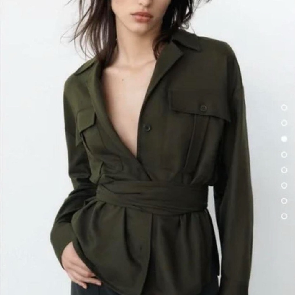 Zara Structured Military-Inspired Belted Shirt - Deep Olive Green